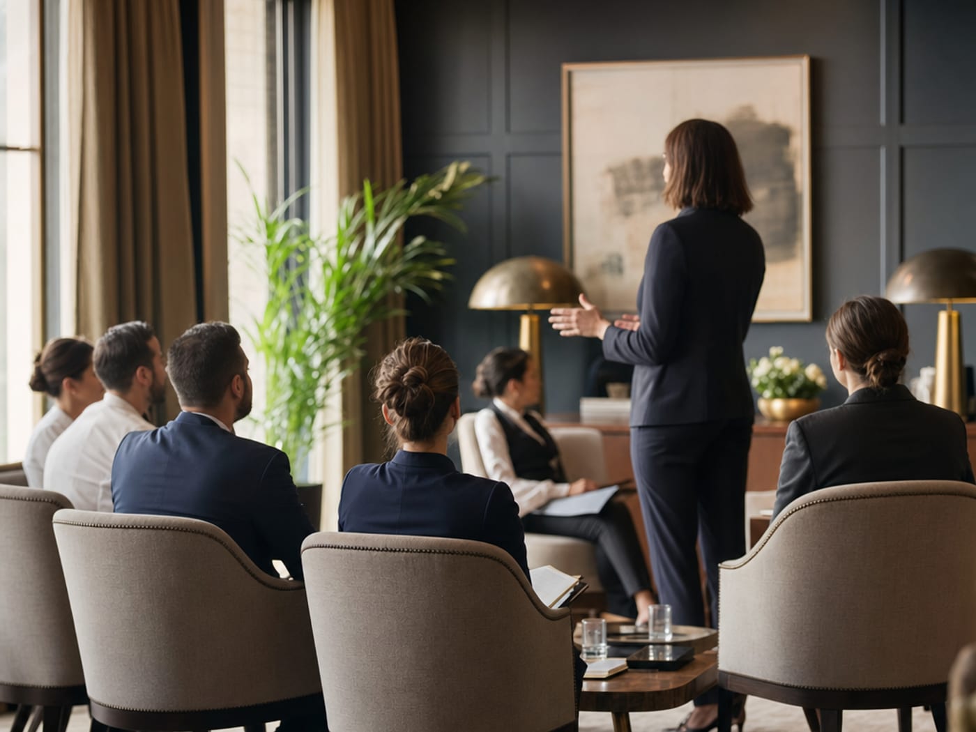 A small group of hotel staff in a training session, seen from the back of the room.